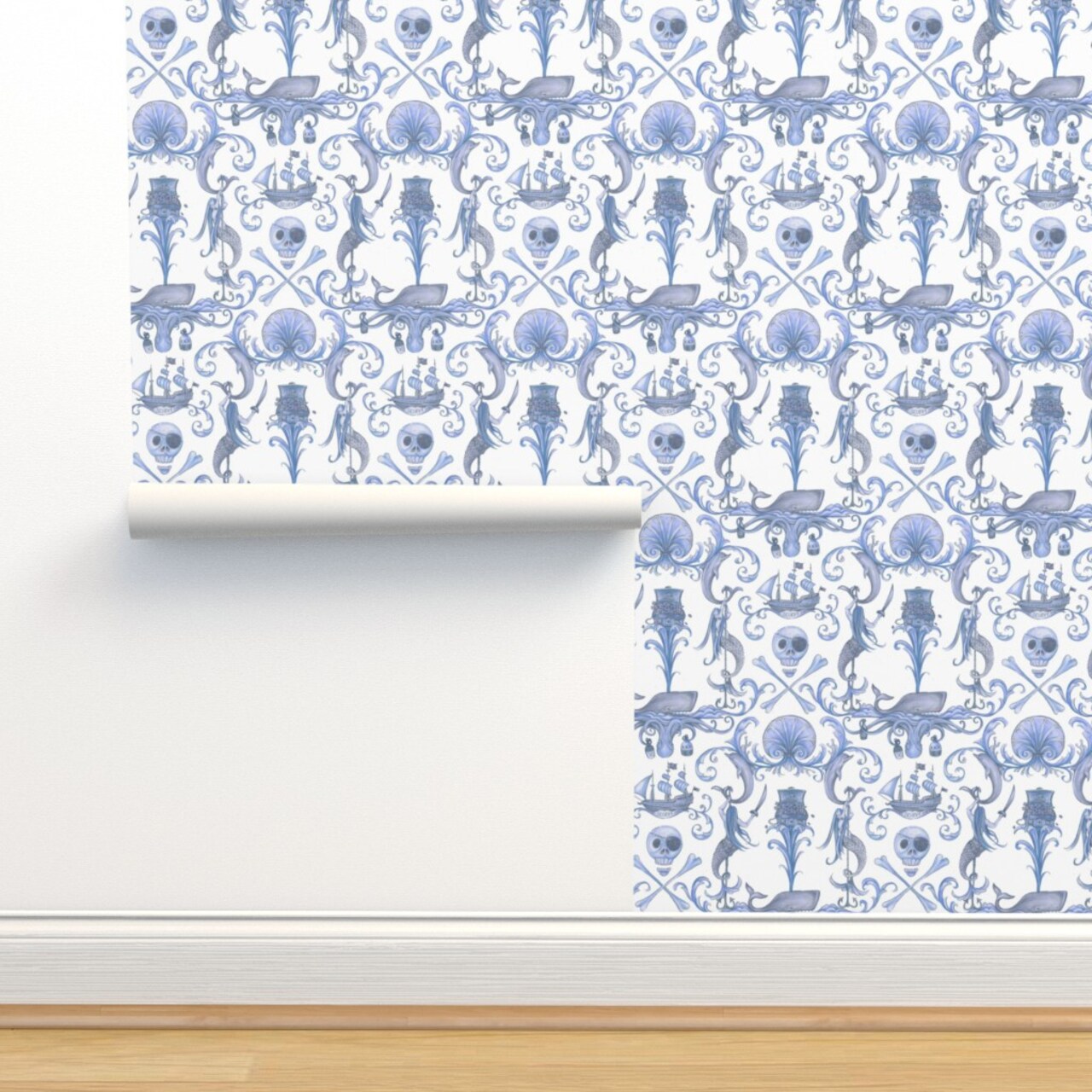 Antique Blue Pirate Octopus Skull Dolphin Mermaid Whale Shell Whimsical Vintage Era Custom Removable Wallpaper by Spoonflower Peel & Stick Wallpaper 2FT Wide